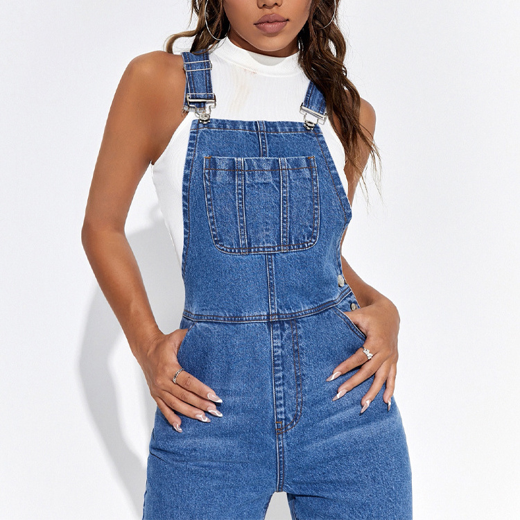 Patched pocket denim overalls adjustable shoulder straps casual denim jumpsuit korean style for teens