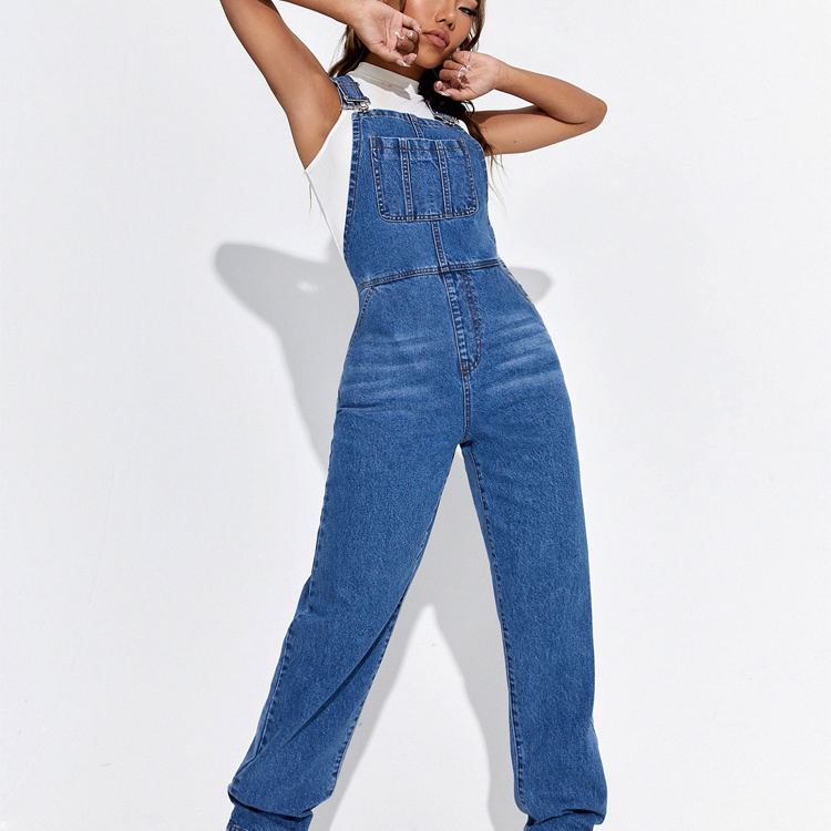 Patched pocket denim overalls adjustable shoulder straps casual denim jumpsuit korean style for teens