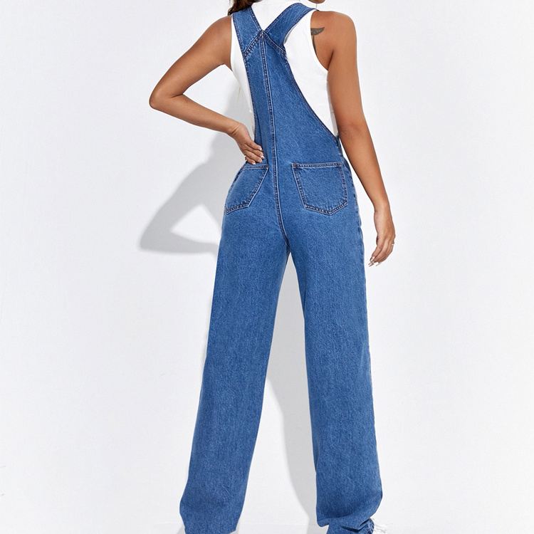 Patched pocket denim overalls adjustable shoulder straps casual denim jumpsuit korean style for teens