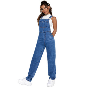 Patched pocket denim overalls adjustable shoulder straps casual denim jumpsuit korean style for teens