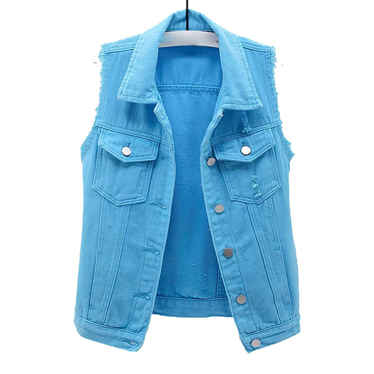 Women Casual Yellow Denim Waistcoat Slim Fit Frayed Sleeveless Jacket Ripped Tops