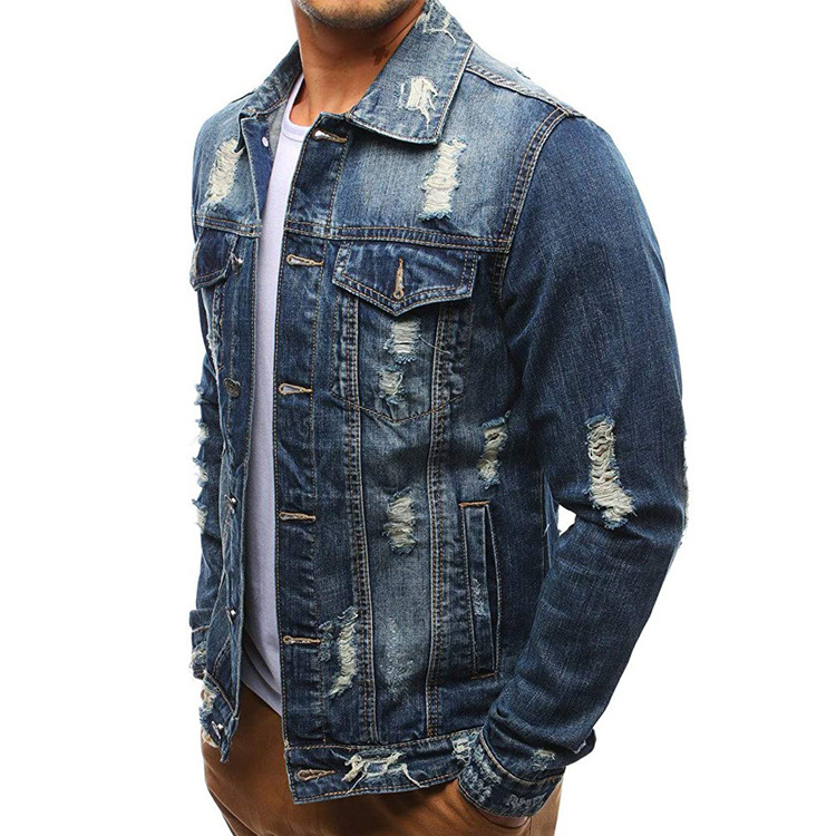 Customized Wholesale Distressed Bulk Denim Jacket Ripped Jean Coat Jacket For Men