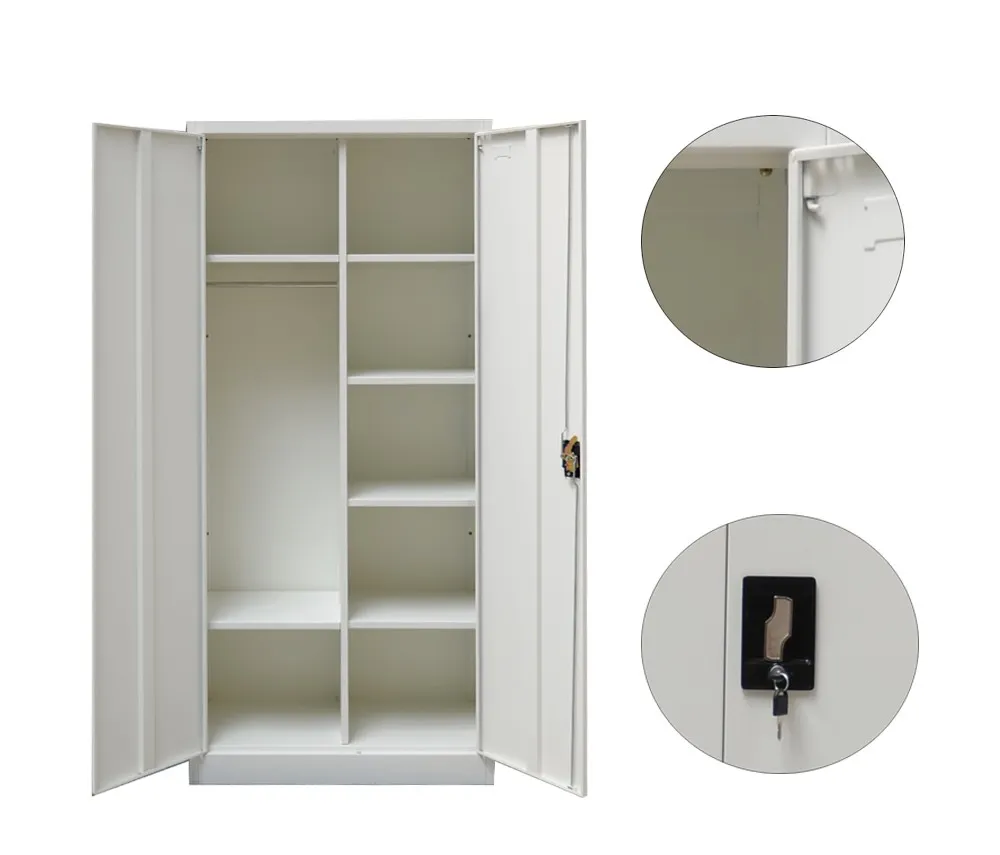 Multi-purpose Hanging Clothes Storage Steel Wardrobe 2 Door Metal Cupboard Office File Cabinet with 4 Shelves