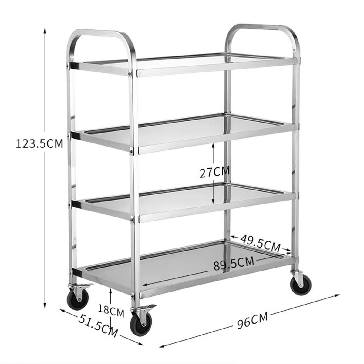 Easy Clean Stainless Steel Trolley 4 Shelves Serving Cart Stainless Steel Tray Rack Trolley for Home, Restaurants, Hotels