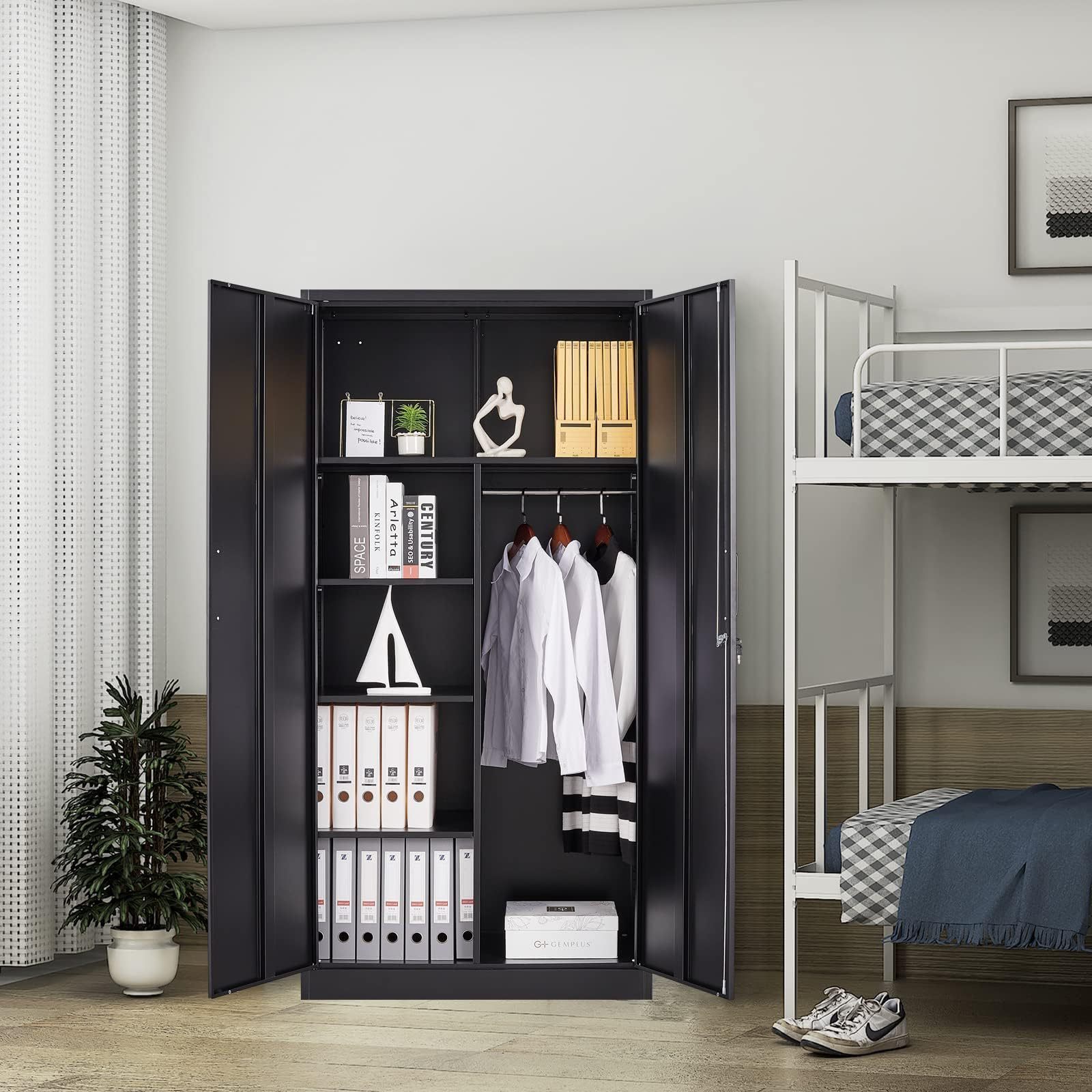 Multi-purpose Hanging Clothes Storage Steel Wardrobe 2 Door Metal Cupboard Office File Cabinet with 4 Shelves