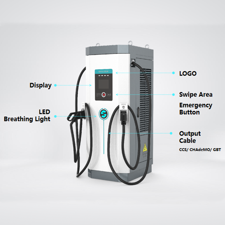 Grasen leakage protection 180kw touch screen rifd card ocpp dc ev charger cable retractor evse electric vehicle charging station