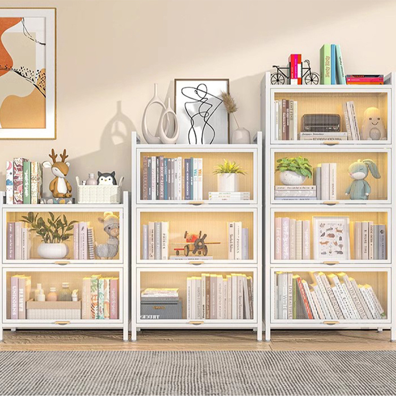 Household 2-Layer Steel Bookcase Children's Bookcase Living Room Flip Door Dustproof Storage Cabinet