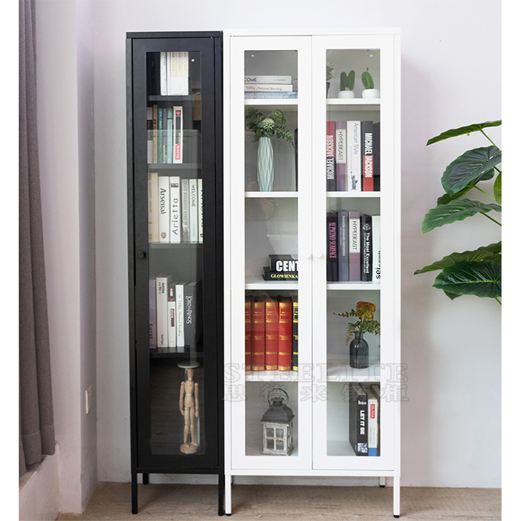 Modern Metal Bookcase White Storage Steel Book Rack With Glass Doors Adjustable shelf living room cabinet bookshelf Bookcases