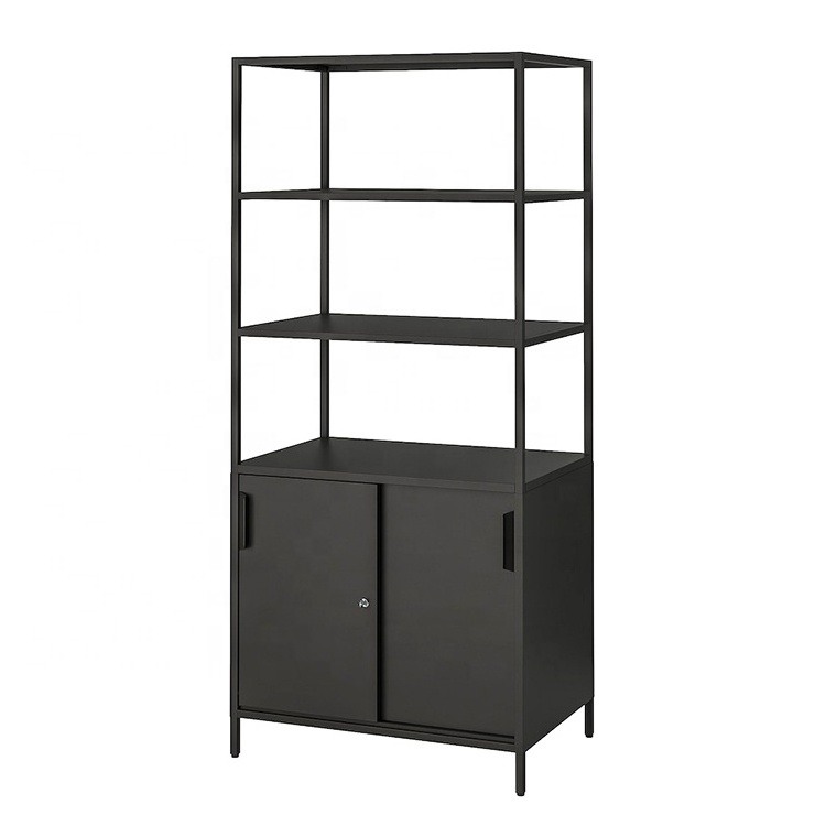 Home Office Furniture Modern Black White Metal Bookshelf 4 Shelf Storage Organizer Book Shelf Bookcase With 2 Door