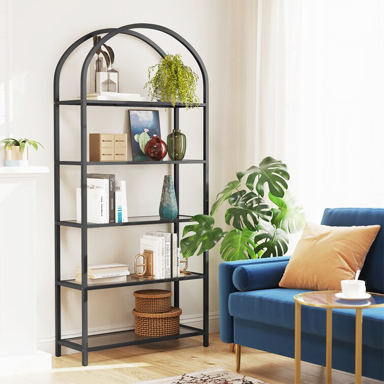 High Quality 5 Tier Black Steel Tube Arched Top Bookshelf Display Stand For Reading Room Bedroom