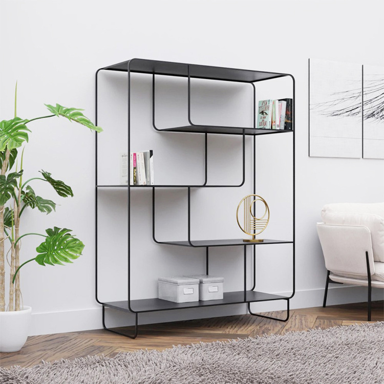 Living Room Furniture Wrought Iron Stands Metal Curved Tube Cube Bookcase 6 Layer Display Steel Rack Shelf