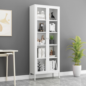 Modern Metal Bookcase White Storage Steel Book Rack With Glass Doors Adjustable shelf living room cabinet bookshelf Bookcases