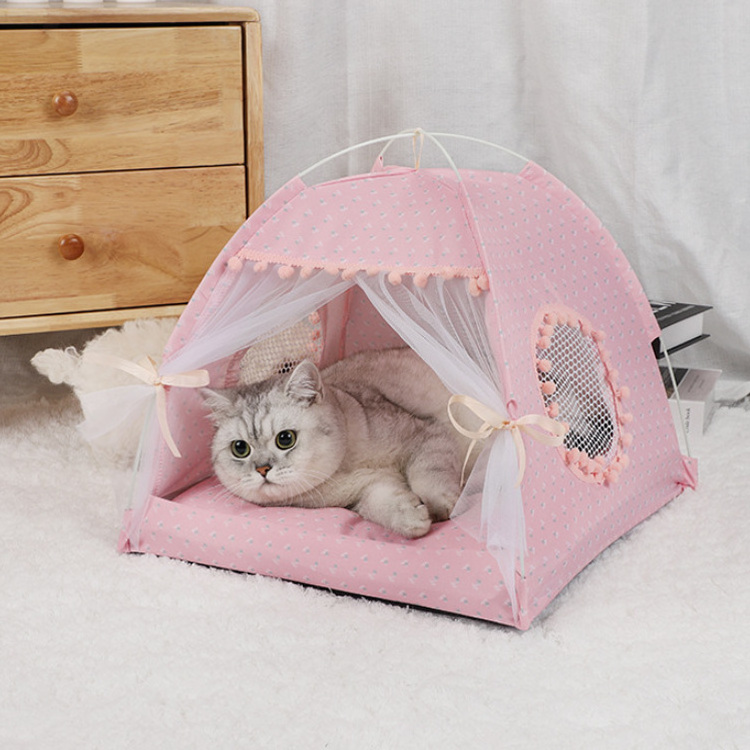 Cat Dog Bed Collapsible Princess Tent Bed Cat House Summer Outdoor Travel Pet Products Cat Bed House Cave With Breathable Mat