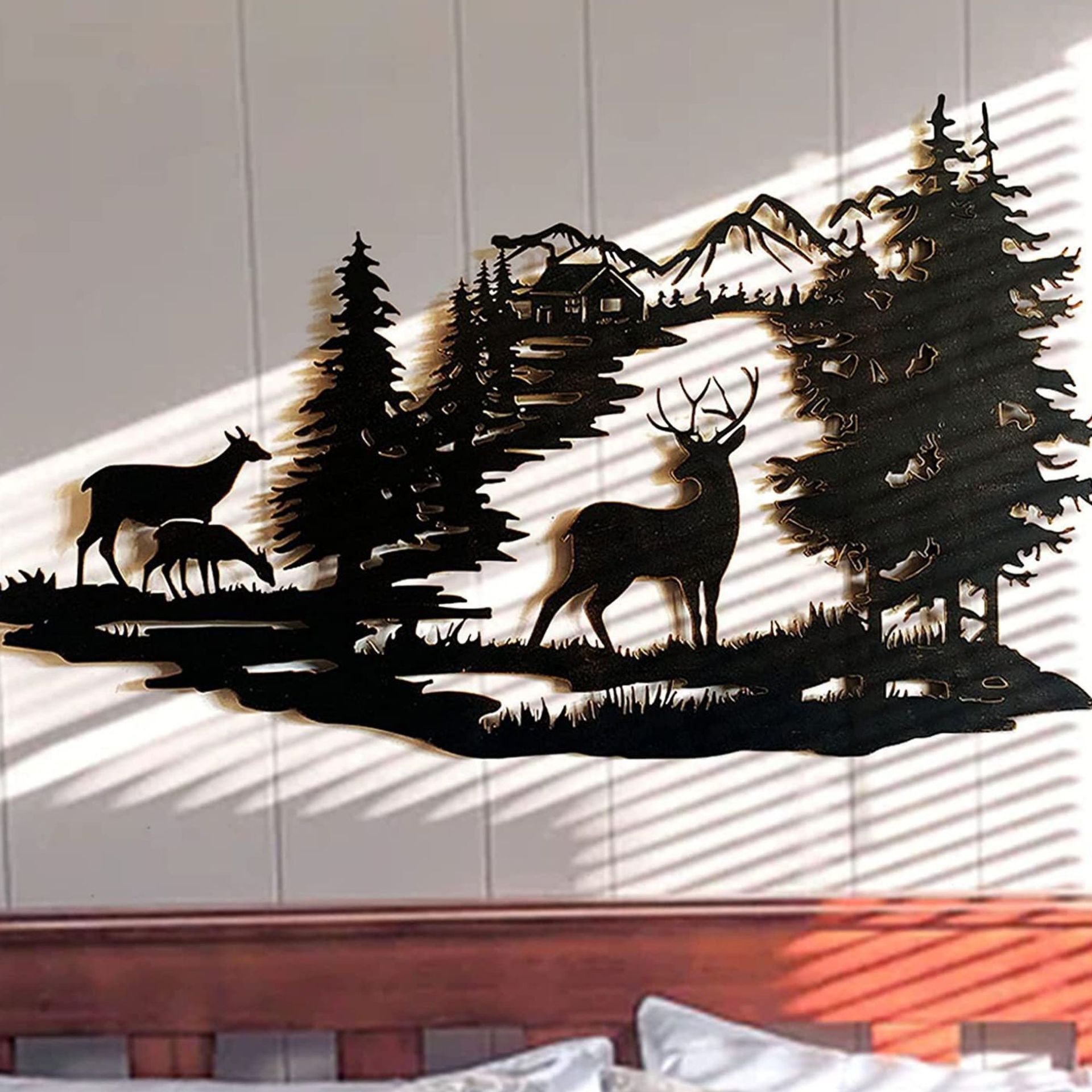 Home Indoor Outdoor Decoration Black Animal Deer Metal Wall Art Mountain And Forest Metal Wall Decor