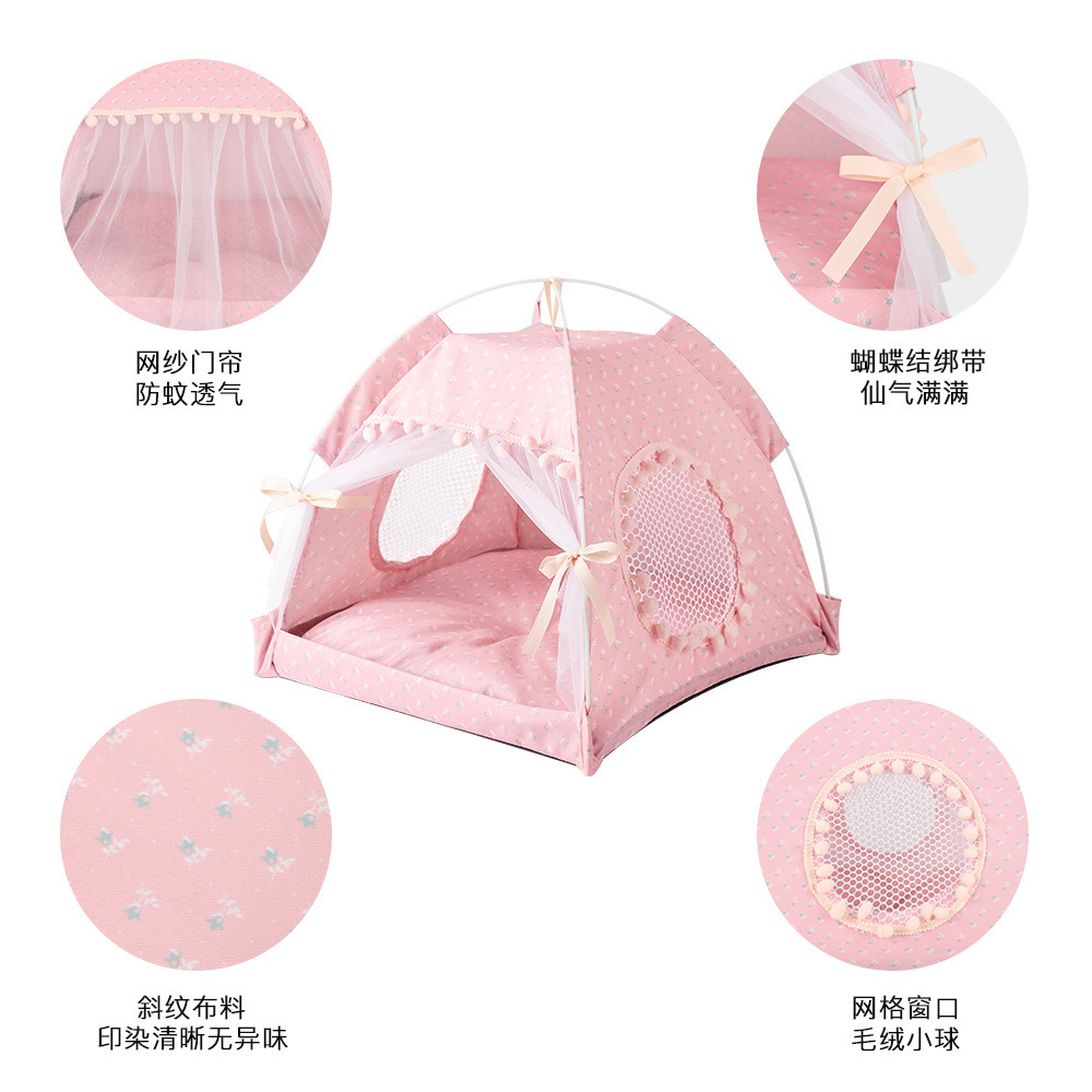 Cat Dog Bed Collapsible Princess Tent Bed Cat House Summer Outdoor Travel Pet Products Cat Bed House Cave With Breathable Mat