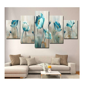 Artwork Canvas Painting Blue Flower Plant Scenery Picture Pre Printed Canvas Wall Picture  Art Deco Room Decor 5 Panel