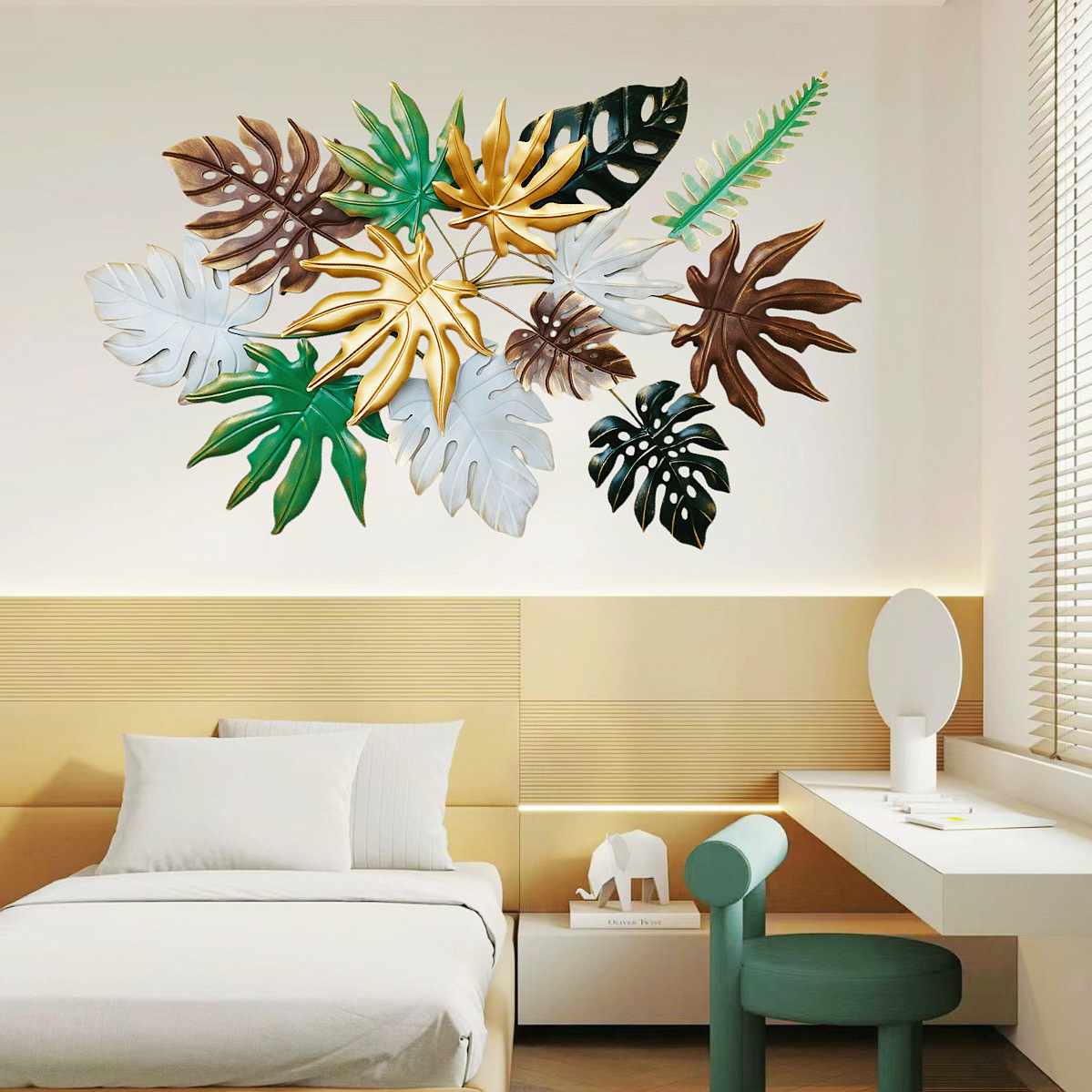 Custom Design Home Decoration Metal Wall Hanging Green Golden Leave Wall Art Craft Metal Wall Decoration For Living Room