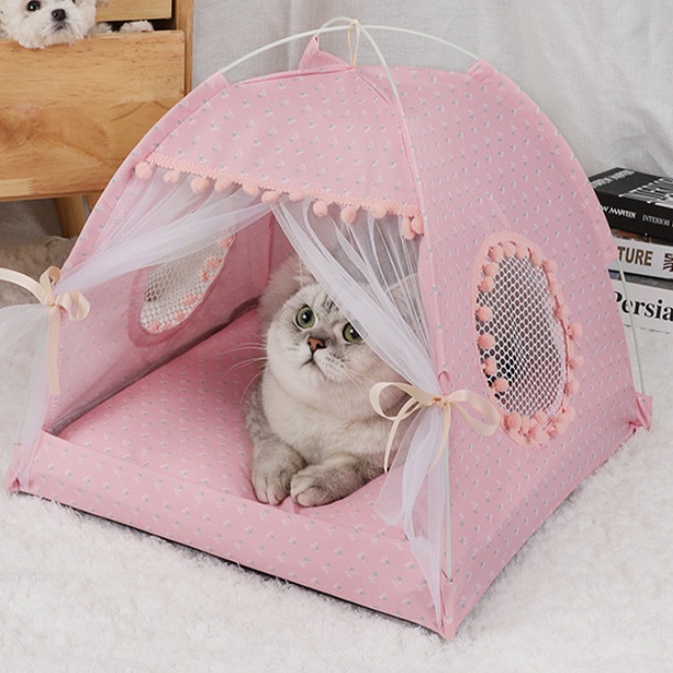 Cat Dog Bed Collapsible Princess Tent Bed Cat House Summer Outdoor Travel Pet Products Cat Bed House Cave With Breathable Mat