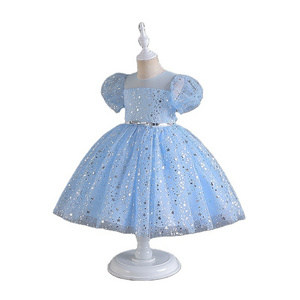 Blue pink champagne white stage sequin puffy  princess dress party birthday bridesmaid puffy flower children's girls dresses