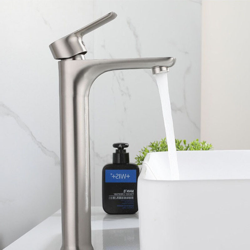 Brushed Plating Faucet Single Hole Countertop Long Neck Stainless Steel Basin Faucet Ceramic Spool Bathroom Faucet