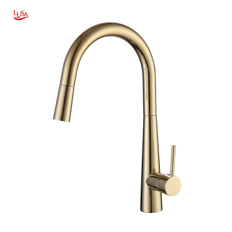 2024 Hot sale Pull Out Down Kitchen Faucets Stainless Steel Brushed Golden Sink Spray Head Kitchen Faucet