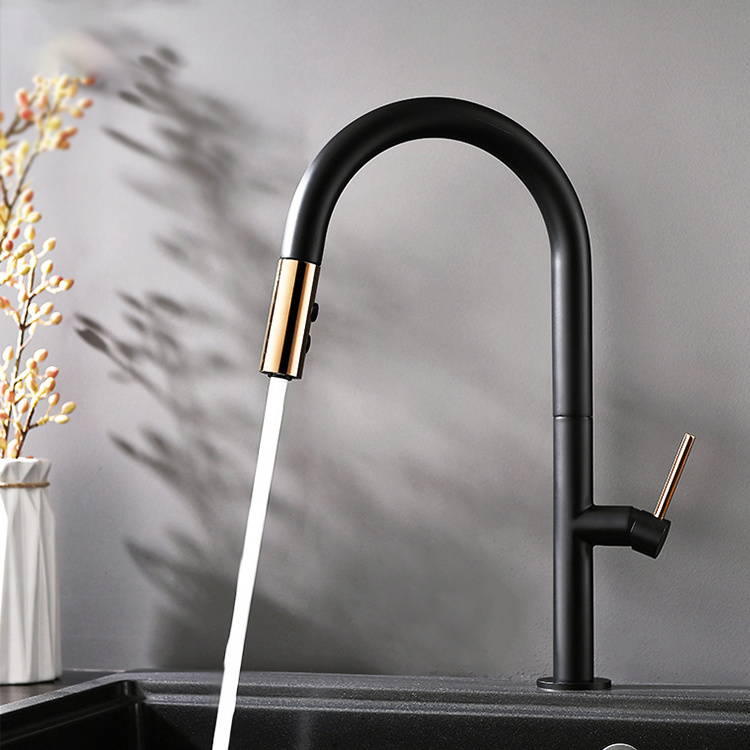 LUSA Gold kitchen sink faucets brass  pull down retract black and gold kitchen faucet