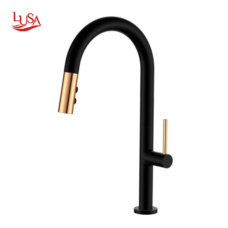 LUSA Gold kitchen sink faucets brass  pull down retract black and gold kitchen faucet