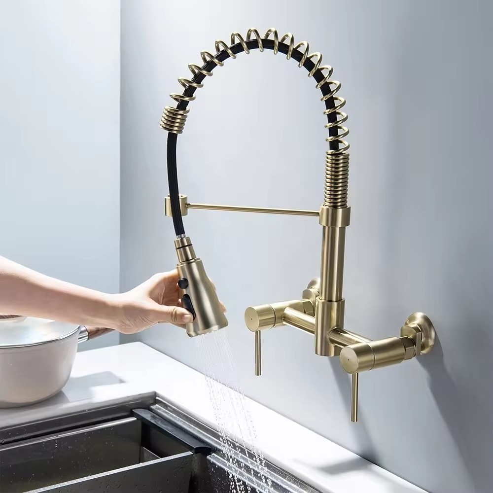 Lusa Stainless Steel Brushed Gold Hot and Cold Wall Mounted Sink Water Tap Pull Down Single Lever Kitchen Faucet