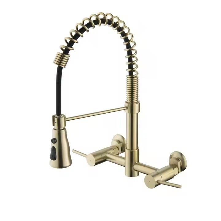 Lusa Stainless Steel Brushed Gold Hot and Cold Wall Mounted Sink Water Tap Pull Down Single Lever Kitchen Faucet