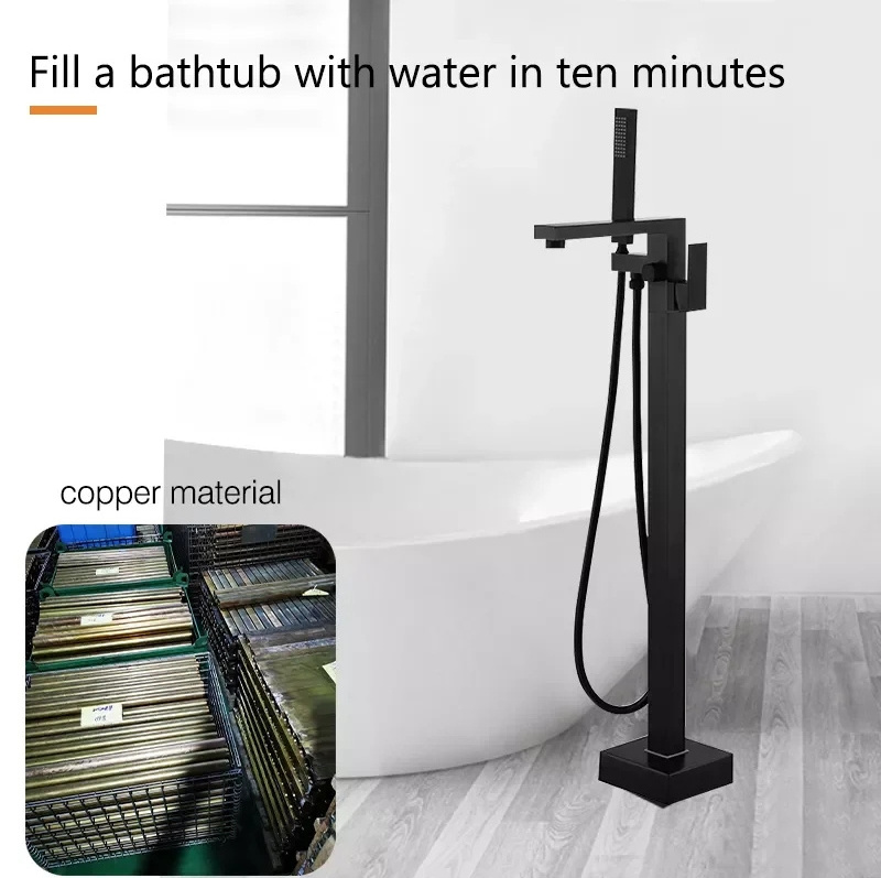 Lusa Modern Matt Black Finish Brass Floor Mounted Bathtub Tap Hot and Cold Water Supply Bath Shower Faucets