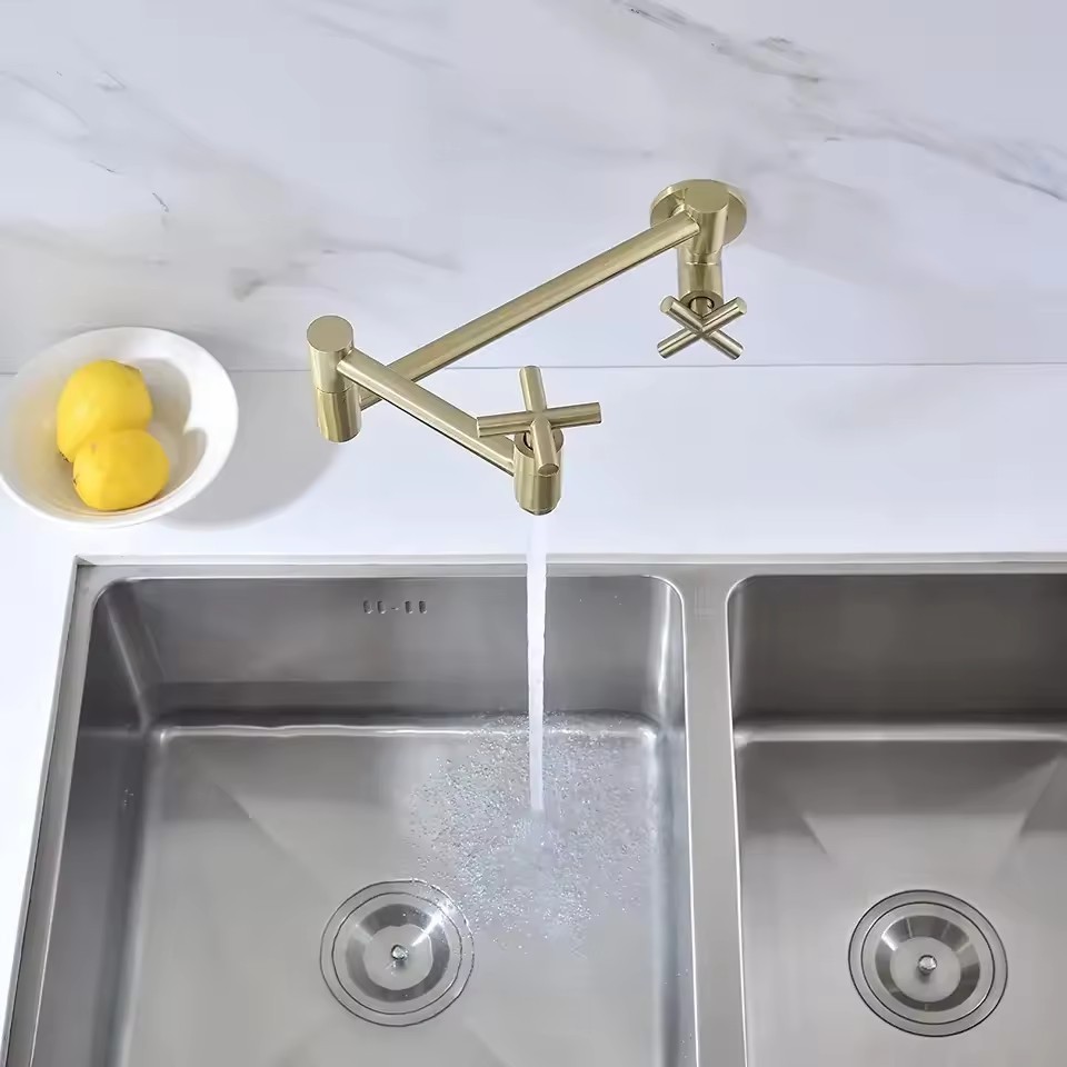 Lusa Wall Mount Pot Filler Faucet Nickel Brushed Brass Folding Kitchen Sink Faucet Cold Water Faucet