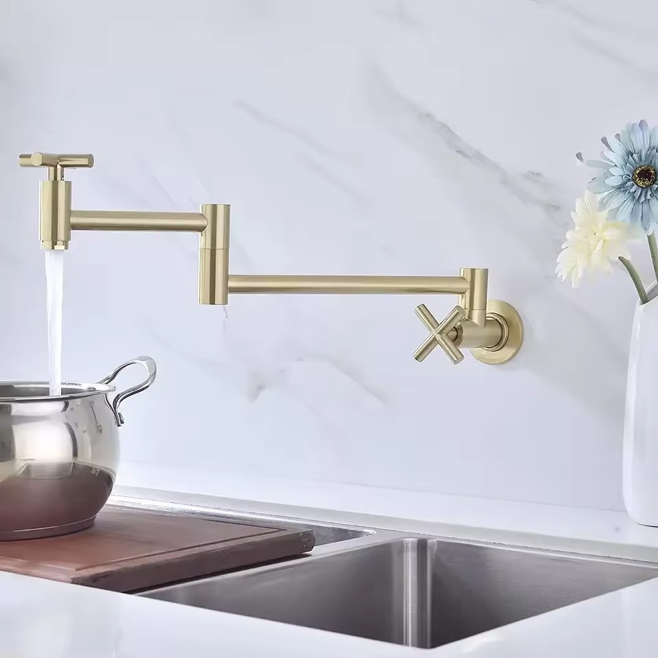 Lusa Wall Mount Pot Filler Faucet Nickel Brushed Brass Folding Kitchen Sink Faucet Cold Water Faucet