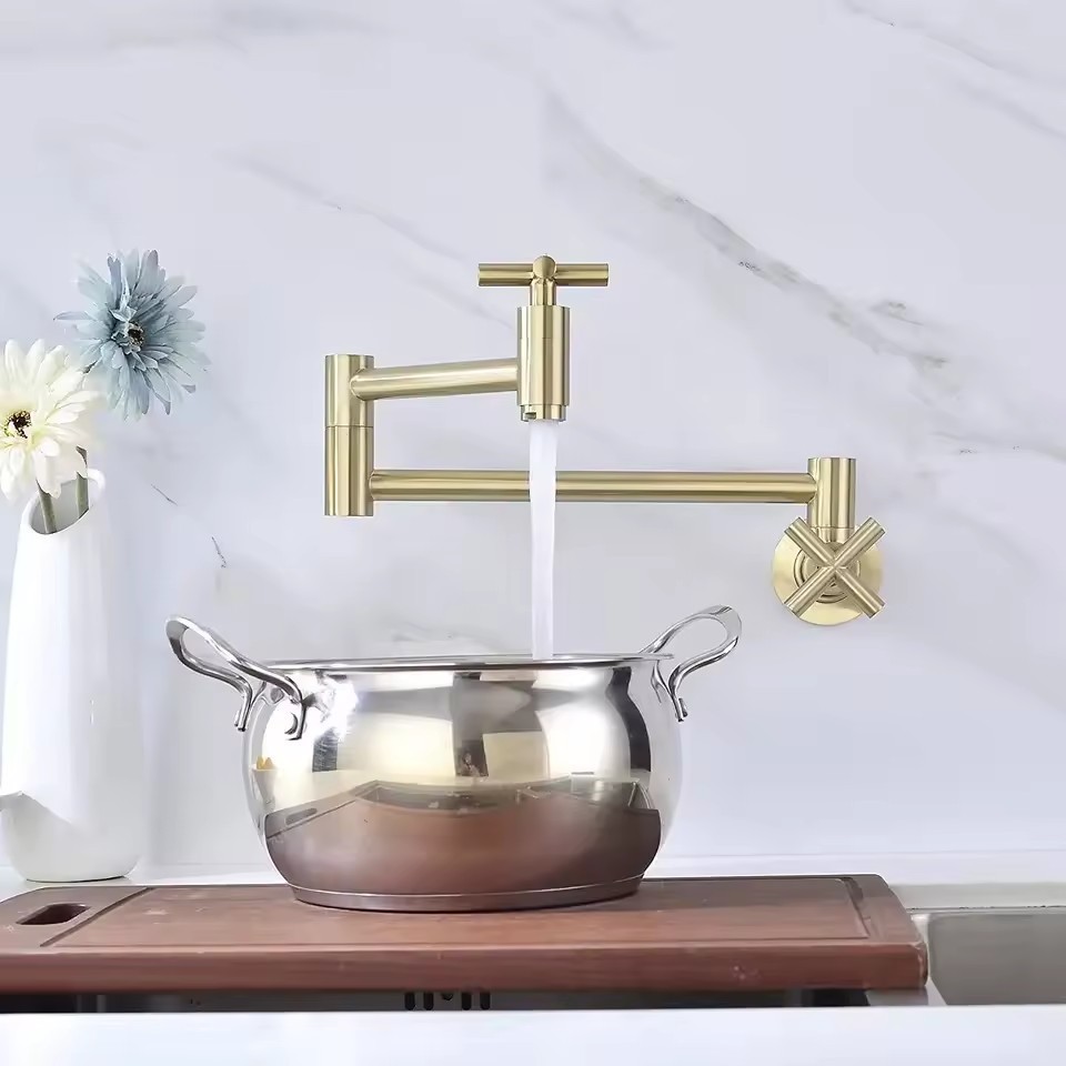 Lusa Wall Mount Pot Filler Faucet Nickel Brushed Brass Folding Kitchen Sink Faucet Cold Water Faucet