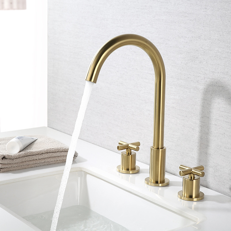 High Quality Bathroom Faucet 3 Holes Mixer Tap with Two-handle Cross Handle Bathroom Faucet Brushed Gold