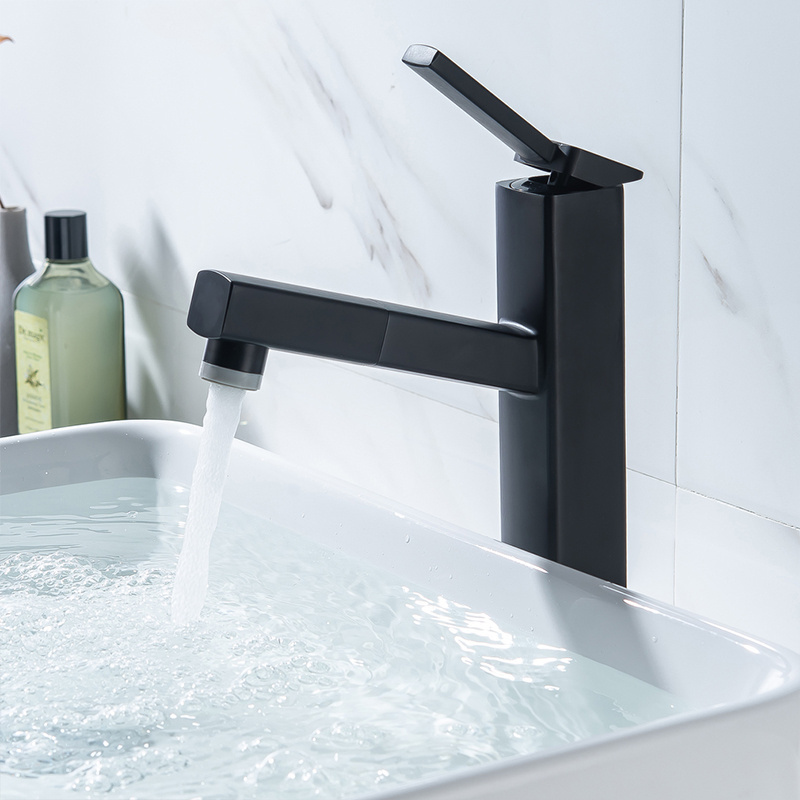 New Matte black utility bathroom faucet with pull out sprayer single handle square basin mixers