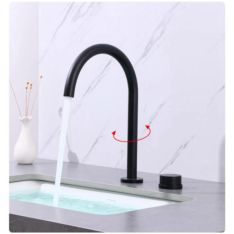 Matte black curved pipe split single handle mixing valve rotating nozzle double hole basin faucet