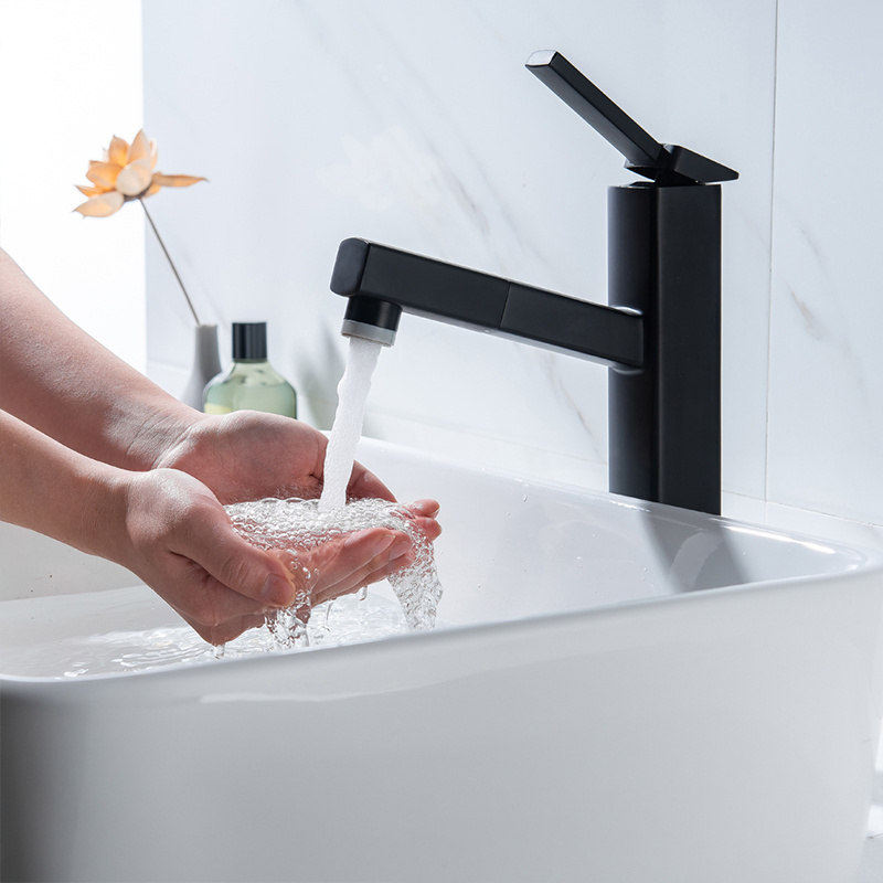 New Matte black utility bathroom faucet with pull out sprayer single handle square basin mixers