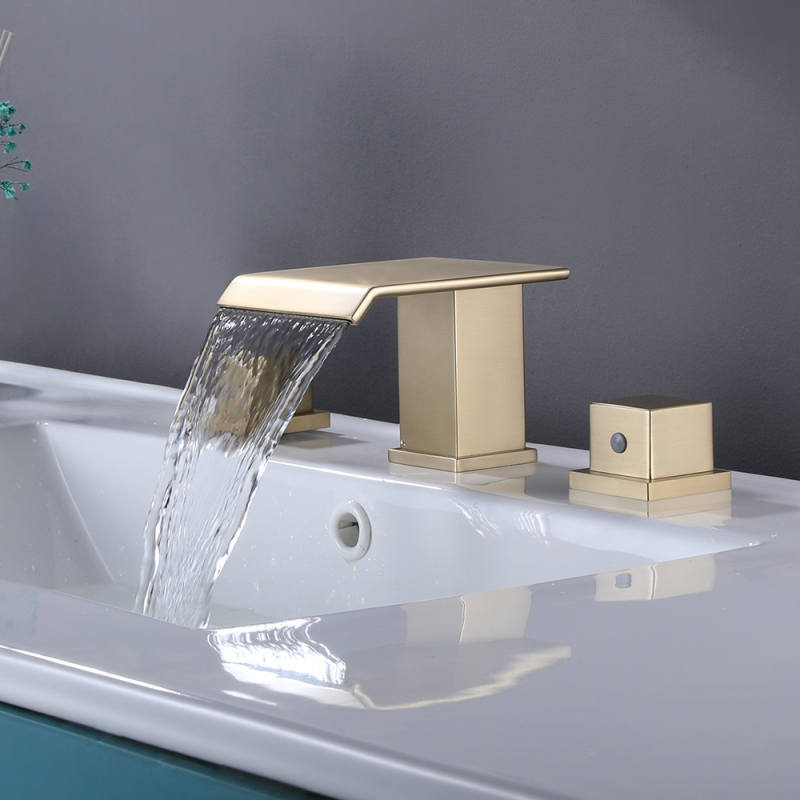 Lusa Modern All-Copper Double Handle Three-Hole Hot and Cold Waterfall Widespread Basin Brass Water Mixer Basin Faucet