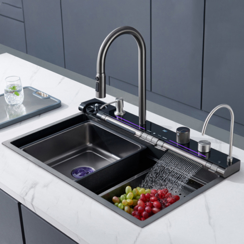 Lusa Modern Design Digital Display Pull-Out Mixer Faucet Kitchen Faucet Ambient Light Stainless Steel Single Bowl Kitchen Sink