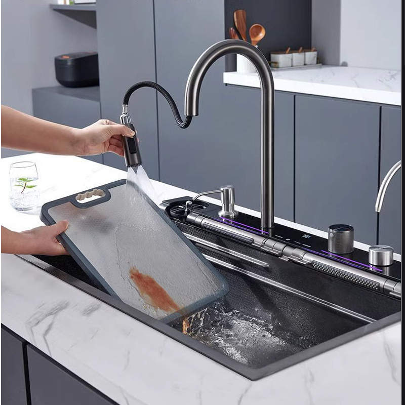 Lusa Modern Design Digital Display Pull-Out Mixer Faucet Kitchen Faucet Ambient Light Stainless Steel Single Bowl Kitchen Sink