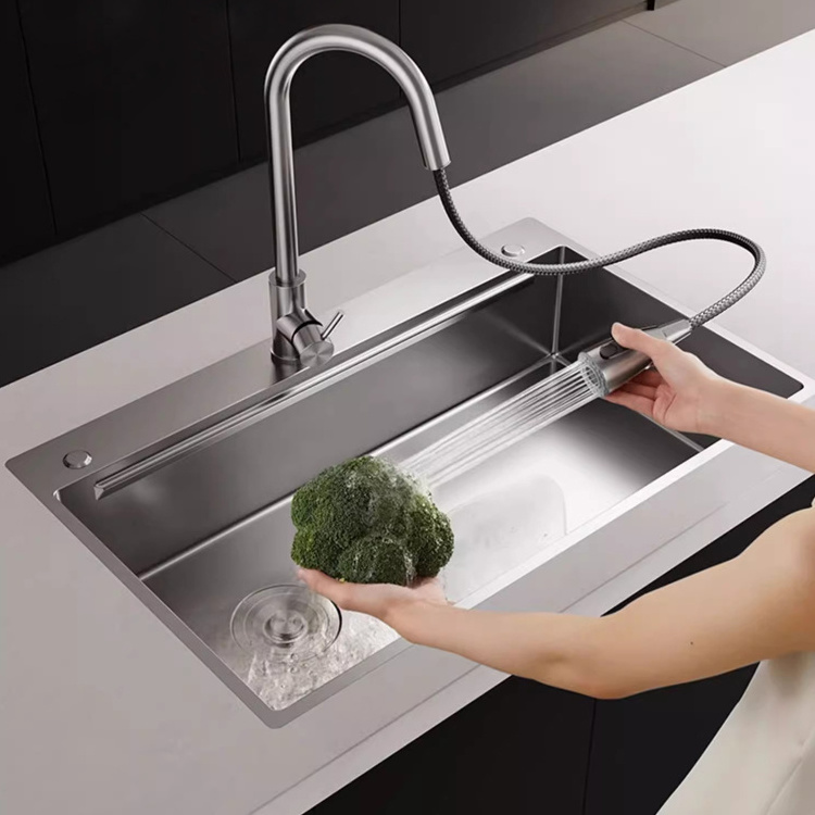 Modern 304 stainless steel single basin with three-hole pull-out faucet and thickened smart kitchen complete set