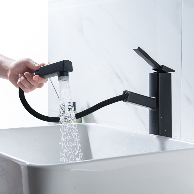 New Matte black utility bathroom faucet with pull out sprayer single handle square basin mixers