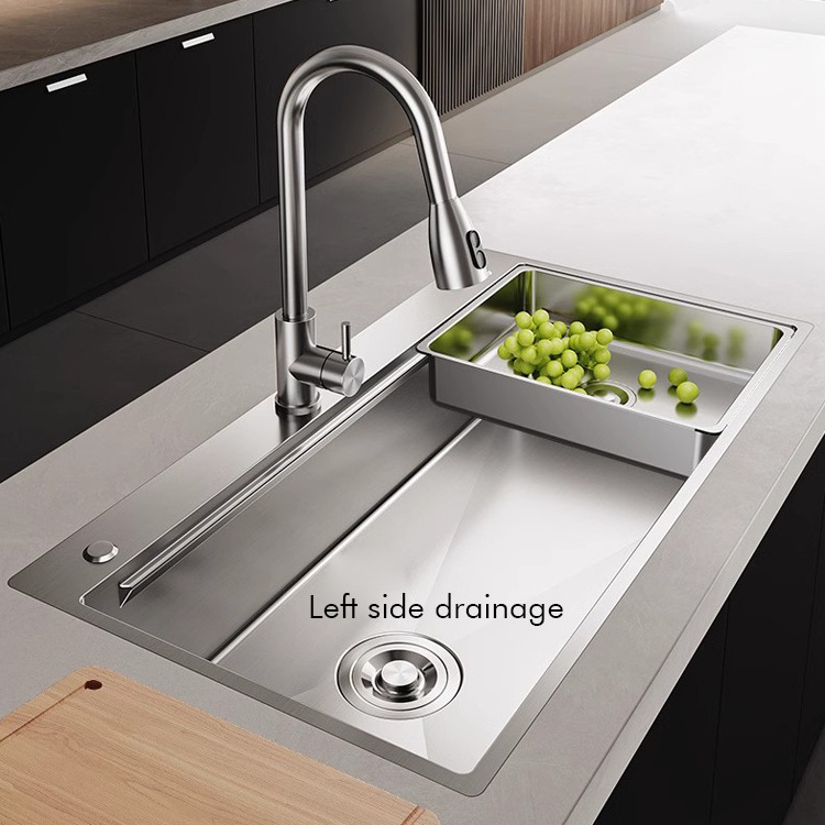 Modern 304 stainless steel single basin with three-hole pull-out faucet and thickened smart kitchen complete set