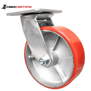 Industrial Heavy Duty Rotation Cast Iron Core Red PU Caster Wheels 6 inch 8 inch Fixed Swivel With Brake Large Metal Locking