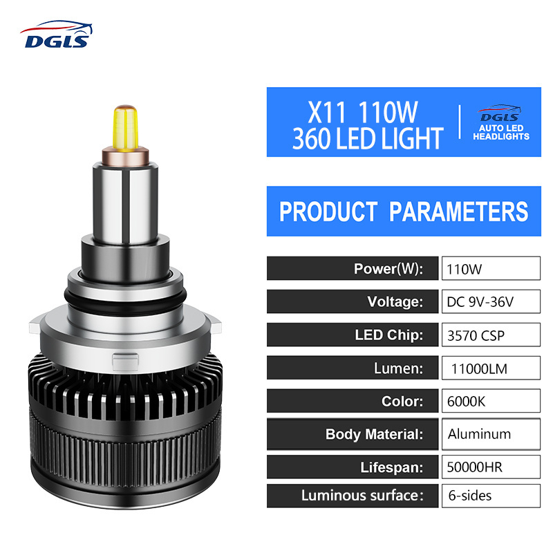 DGLS X11 LED headlight bulb 360 headlamp 6000K H1 H3 H4 H7 H8 H9 H10 H11 H13 9005 9006 9004 9007 360 degree car LED Headlight