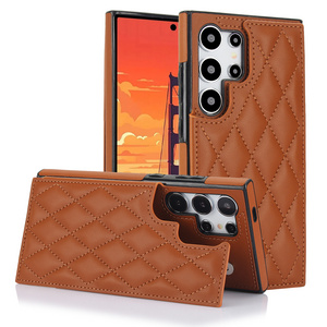 Luxury Diamond Plaid Soft Leather Phone Case for Samsung S24+ S24 Ultra Flip Card Holder PU Leather Shockproof Women Phone Case