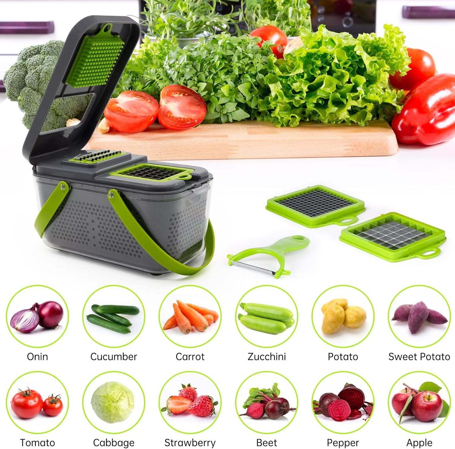 22 in 1 Pro Onion Food Chopper Slicer with Colander Basket and Container Multifunctional Vegetable Chopper