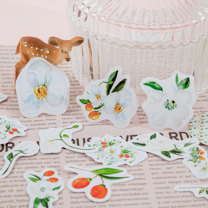 46 pcs pack Box-Packed Stickers Kumquat White Flower Series Fresh Flower Journal Diary Material Sealing Stickers