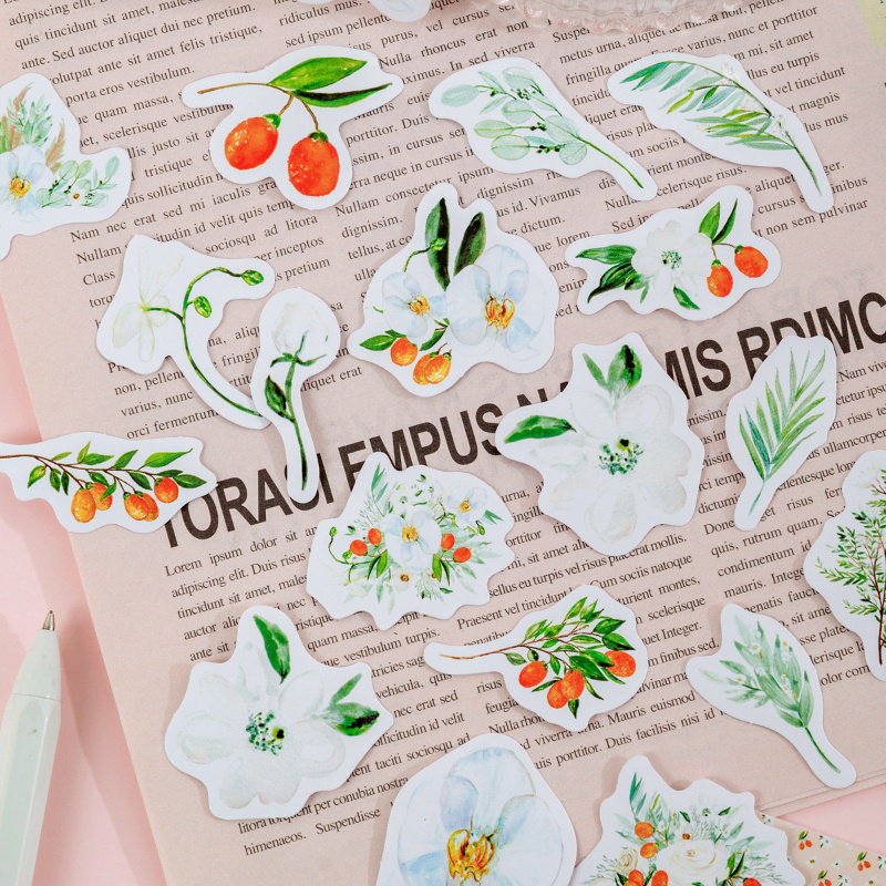 46 pcs pack Box-Packed Stickers Kumquat White Flower Series Fresh Flower Journal Diary Material Sealing Stickers