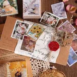 50 Pieces Pet Sticker Package Chun Ri Gallery Series Oil Painting Retro Journal Decorative Source Material into 4 Choices